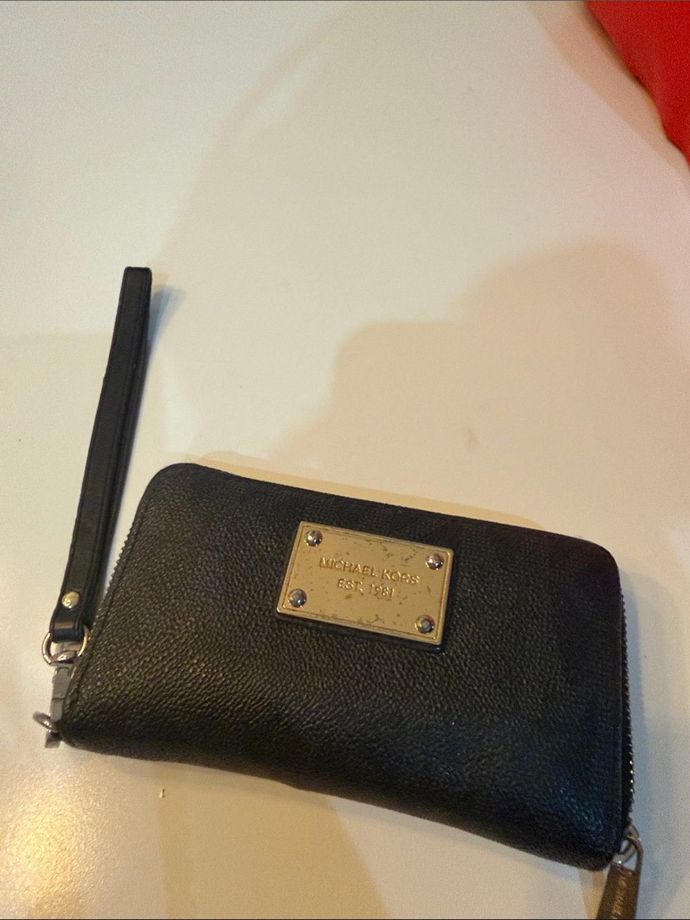 Michael Kors Black Leather Zip Wristlet with Gold Plate